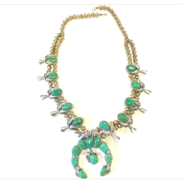 Squash Blossom South Western Turquoise Sterling Silver Necklace - Picture 2 of 4